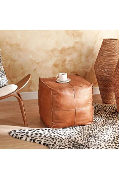 PAN HOME Astic Leather Pouf 48x48x44cm - Tan