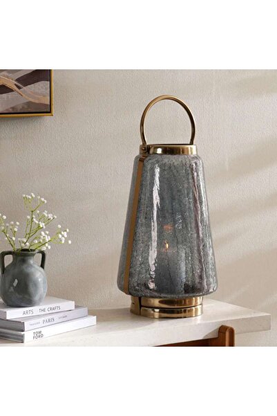 PAN HOME فانوس معدني من هينا بتصميم زجاج متشقق 30x30x48 سم - أسود ذهبي