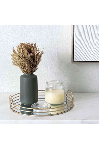 PAN HOME Solana Round Metal Tray With Glass Mirror Dia35x3cm- Gold