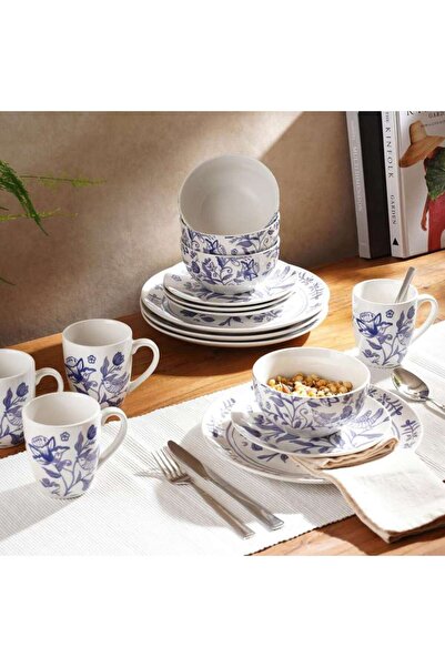 PAN HOME طقم عشاء من البورسلين مكون من 16 قطعة من كاملا إنديجو - أزرق