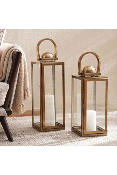 PAN HOME فريدة فانوس معدني 20x20x51 سم - ذهبي غير لامع
