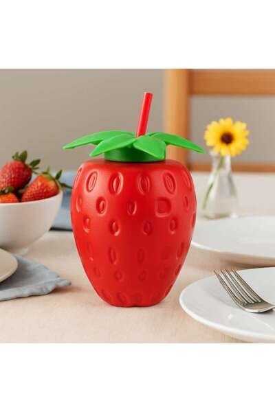 PAN HOME Strawberry Bottle With Straw 900ml - Red