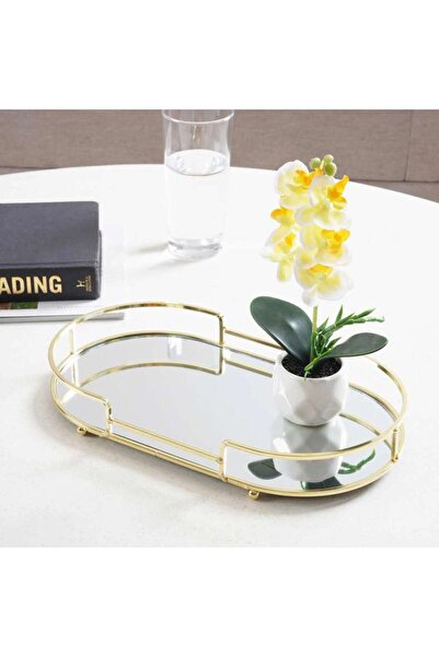 PAN HOME Melora Oval Metal Tray With Glass Mirror 32x18x4.6cm- Gold