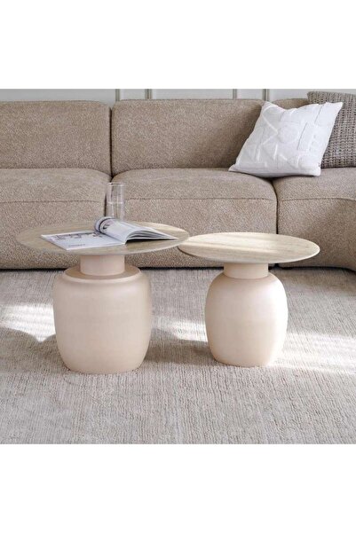 PAN HOME طقم طاولات مالسينو من السيراميك - أبيض عاجي (قطعتان)