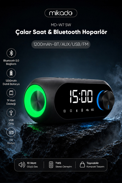 Genel Markalar MD-W7 1200mAh 5W Siyah Bluetooth-Aux-Derece-Usb-FM Double Alar...