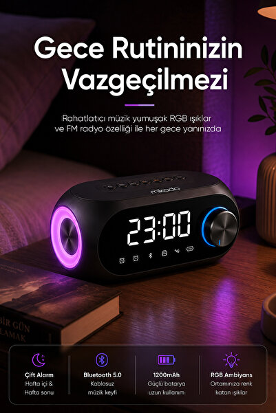 Genel Markalar MD-W7 1200mAh 5W Siyah Bluetooth-Aux-Derece-Usb-FM Double Alarmlı Saat