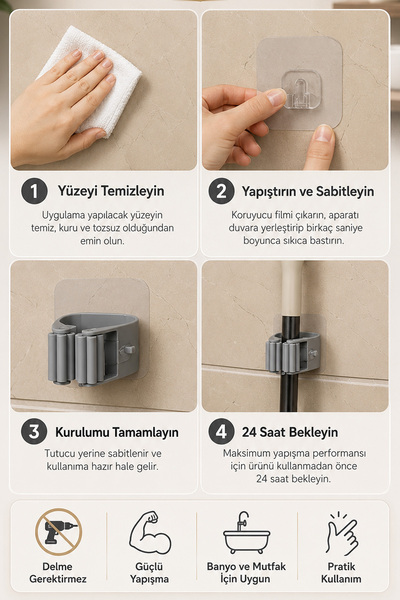 omilife Yapışkanlı Mop Askısı Süpürge Paspas Tutucu Duvar Organizer Düzenleyici Banyo 6 cm