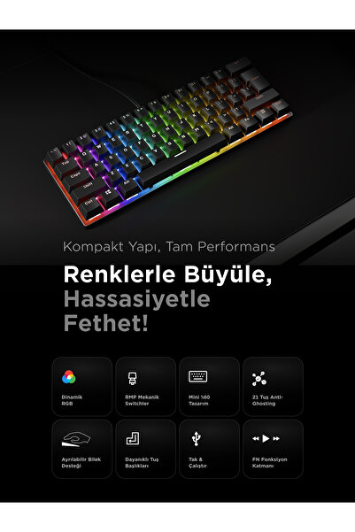 Rampage Plower Mini Mekanik Klavye Bilek Destekli Blue Switch Gaming Klavye Oyuncu Klavyesi Siyah