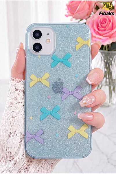Fibaks iPhone 12/12 Pro Kılıf Mavi Simli Renkli Fiyonk Desenli Parlak Darbe E...