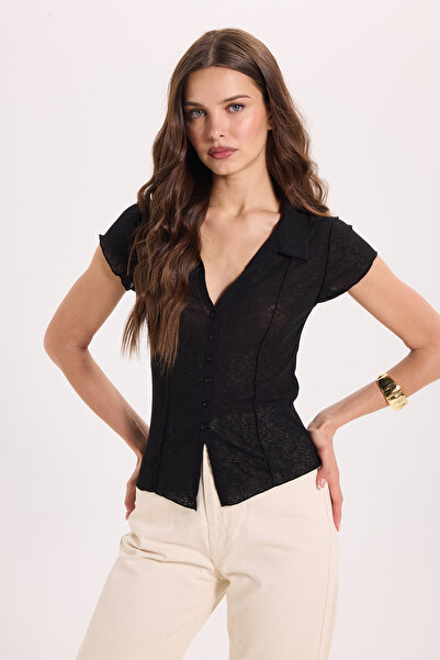 Tudors Women's slim fit short sleeve shirt with collar - black