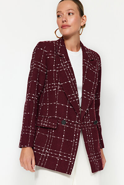 Trendyol Collection Jachetă blazer oversize țesută în carouri roșu Claret TWO...