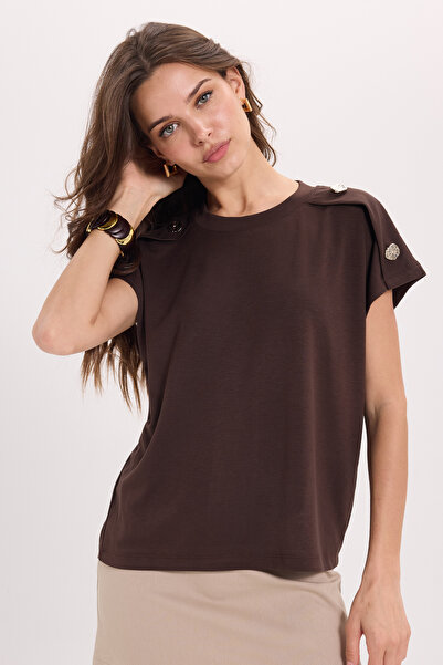 Tudors Women's Oversize Wide Cut Crew Neck Buttoned Shoulder Lycra Brown Visc...