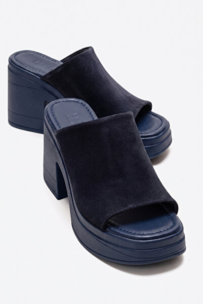 LuviShoes NOLA Lacivert Süet Hakiki Deri Kadın Kalın Topuklu Terlik