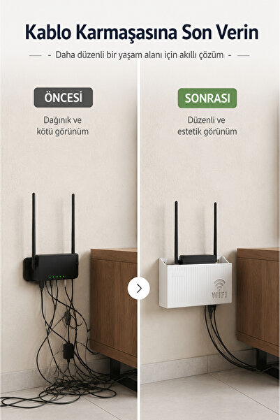 omilife Beyaz WiFi Duvara Asılabilir Vidalı Askı Yapışkanlı Modem Kutusu Router Rafı 25x15x6 cm