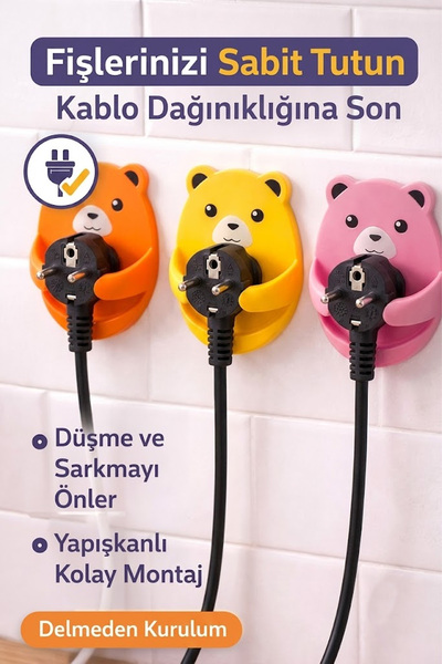 omilife 1 Adet Renkli Ayı Desenli Kablo Tutucu Yapışkanlı Fiş Askısı Priz Düzenleyici Organizer 7.6x5.4