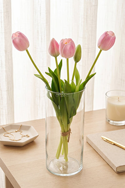 Yapay Çiçek Deposu Real Textured Luxury 5-Branch Coquette Tulip Bouquet Powde...