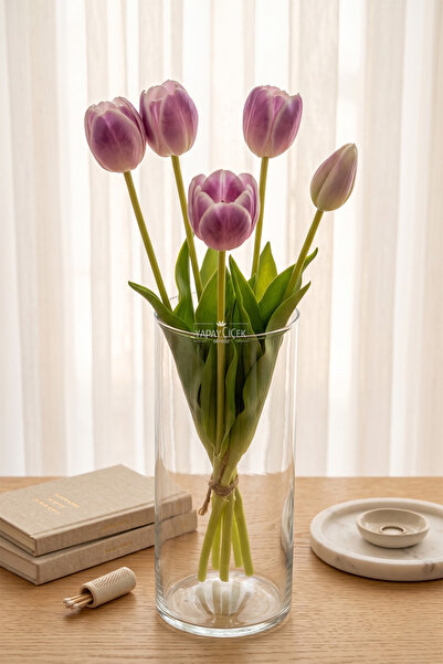 Yapay Çiçek Deposu Real Textured Luxury 5-Branch Coquette Tulip Bouquet Purple
