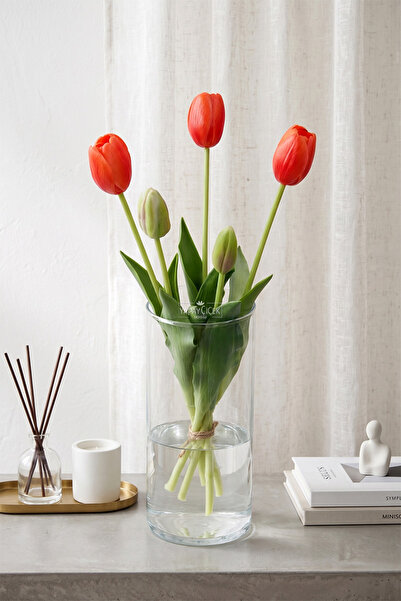 Yapay Çiçek Deposu Real Textured Luxury 5-Branch Coquette Tulip Bouquet Flame...