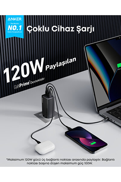 Anker Prime 737, 120W Şarj Cihazı, 3 Bağlantı Noktalı, GaN Prime Teknolojisi, 120W, Siyah - A2148