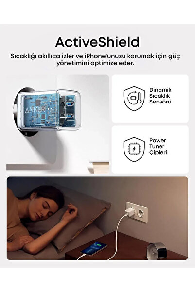 Anker Nano 521 Şarj Cihazı, 40W, PIQ 3.0, USB-C Çift Bağlantı Noktalı, Beyaz - A2038