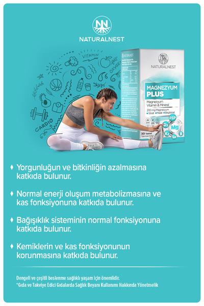 Naturalnest Magnezyum Plus 200 Mg 30 Tablet - Bisiglinat - Malat - Sitrat - B6 - P5P + BOR