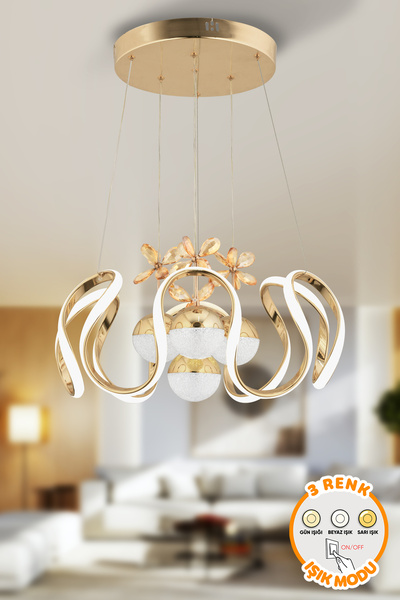 Dekorluna Modern Riva 3 Renk Işık Özellikli Power Led Gold Kaplama Sarkıt Led...