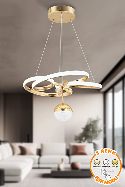 Dekorluna Carlo Gold Kaplama Modern Sarkıt 3 Renk Işık Avize Salon Mutfak Oda...