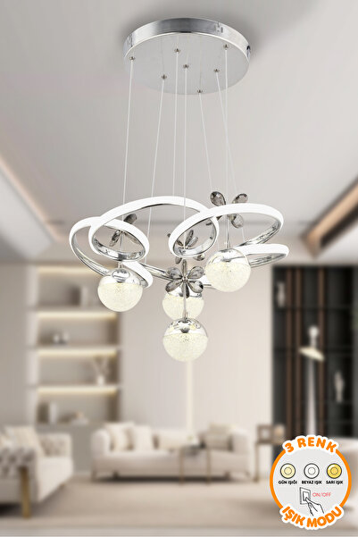 Dekorluna Henry Krom 3 Renk Işık Özellikli Modern Sarkıt Led Avize Salon Mutf...