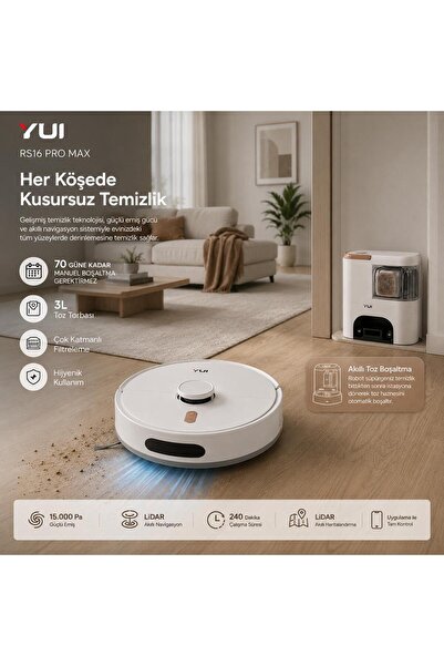 Yui RS16 Pro Max 15.000 Pa Pet Kit Akıllı Robot Vacuum & Mop Süpürge Beyaz (YUI TÜRKİYE GARANTİLİ)
