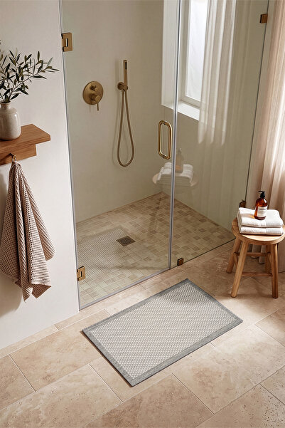 Koza Halı Fresco Anthracite Ecru Washable Nordic Bordered Bath Mat 60 X 100 2...