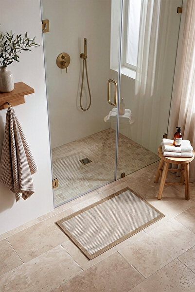 Koza Halı Fresco Ecru Natural Washable Nordic Bordered Bath Mat 60 X 100 23745P