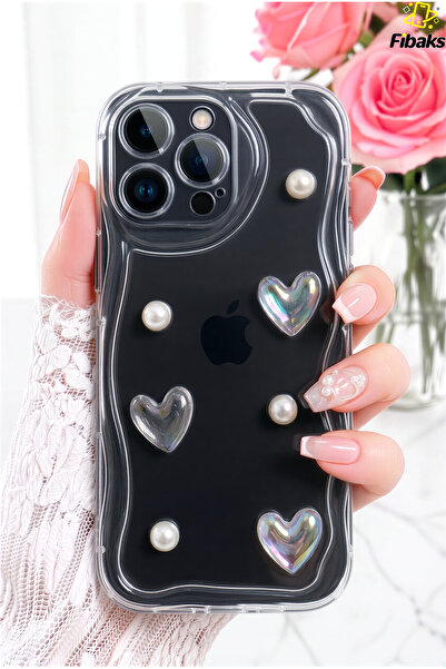 Fibaks iPhone 13 Pro Max Kılıf 3D Kalpli İnci Tasarımlı Desenli Kamera Koruma...