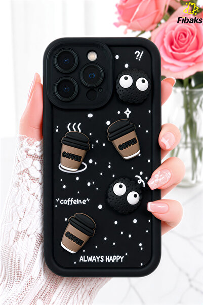 Fibaks iPhone 15 Pro Max Kılıf Tasarımlı Desenli Kamera Korumalı Coffee Kurab...