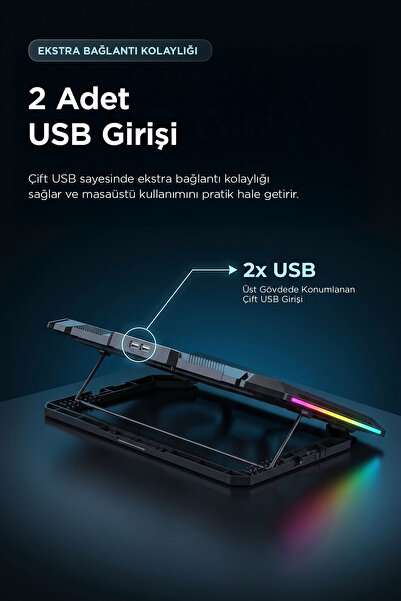 Rampage S51 Icevolt Siyah RGB Işıklı 8 Fanlı LCD Göstergeli 16'' ve Altı 2 Adet Usb Notebook Soğutucu