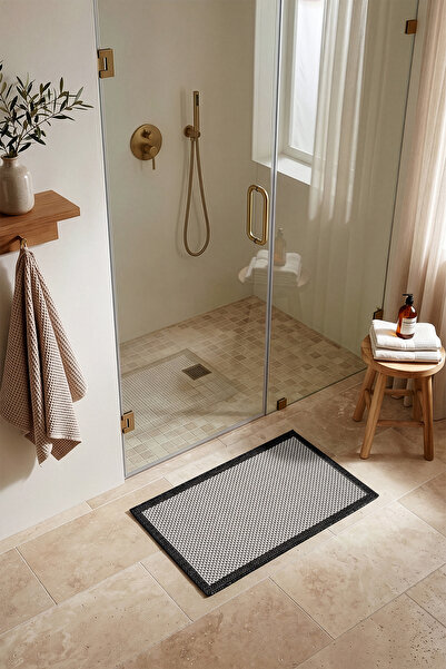 Koza Halı Fresco Ekru Siyah Yıkanabilir İskandinav Bordürlü Banyo Paspası 60 ...