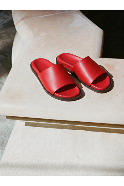 NİŞANTAŞI SHOES Sorella Red Matte Wide Band Flat Sole Women's Slippers