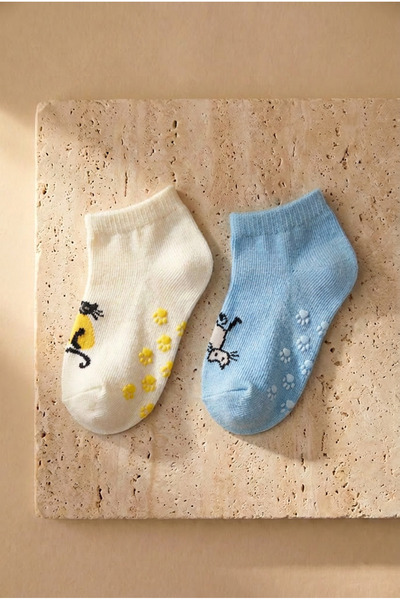 Katia&Bony Bebek Kedi Desenli 2'li Step Çorap Ekru-Mavi