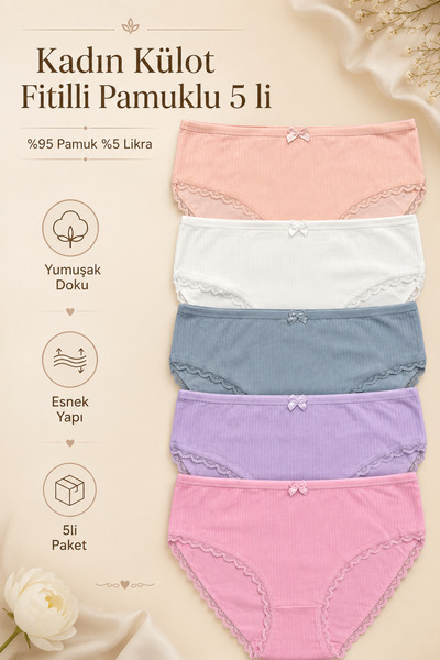 Nicoletta Kadın Külot 5 li Paket Pamuklu Likralı Fitilli Kaşkorse SOMON