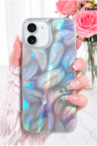 Fibaks iPhone 16 Kılıf Parlak Beyaz Yaprak Desenli Darbe Emici Kamera Korumal...