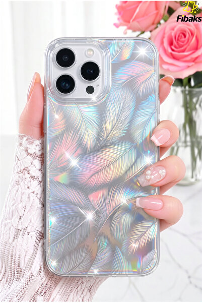 Fibaks iPhone 16 Pro Max Kılıf Hologramlı Parlak Beyaz Yaprak Desenli Darbe E...