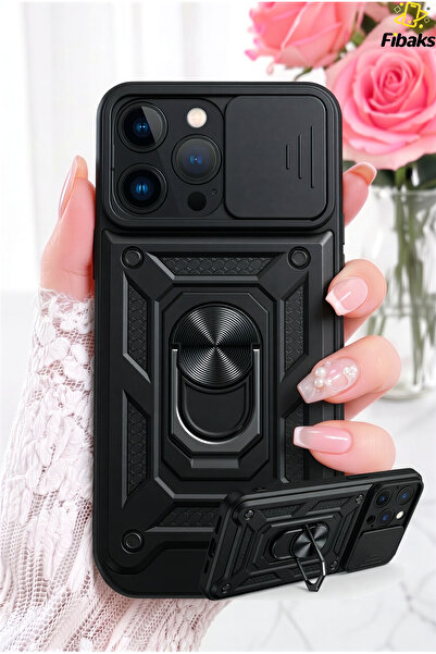 Fibaks iPhone 15 Pro Max Kılıf Kamera Korumalı Sürgülü Yüzüklü Armor Military...
