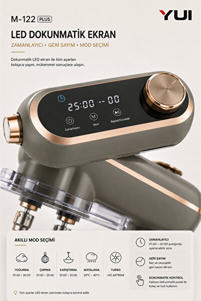 Yui M122 Plus Easy Chef Dc Motor Stand Mikser Çift Başlıklı Hoparlör Özellikli Mat Gri Gold
