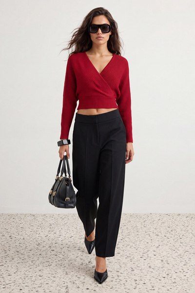 Trendyol Collection Red Double Breasted Balloon Sleeve Knitwear Sweater Twoaw...