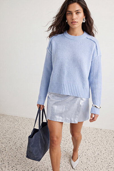 Trendyol Collection Blue Soft Textured Wool Wide Fit Knitwear Sweater Twoaw26...