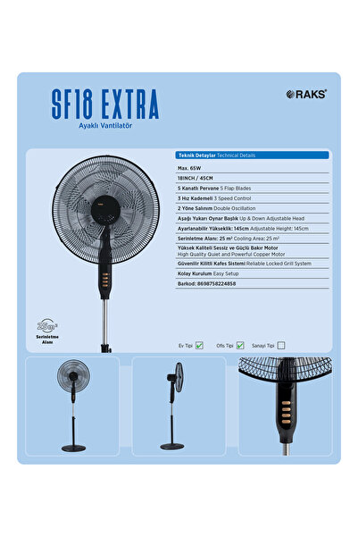 Raks SF 18 EXTRA 65 WATT 18İNÇ/45CM. Ayaklı Vantilatör 5 PERVANELİ 7 YIL GARANTİLİ