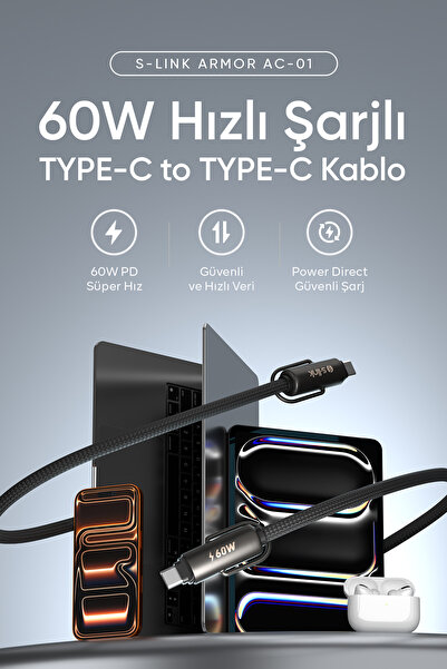 S-LINK Armor Boyun Askılı AC-01 60W 1.2m Type-C to Type-C PD Örgülü Metal Baş...