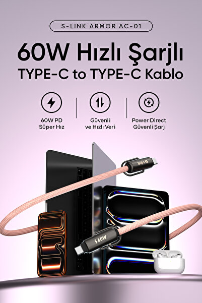 S-LINK Armor Boyun Askılı AC-01 60W 1.2m Type-C to Type-C PD Örgülü Metal Baş...