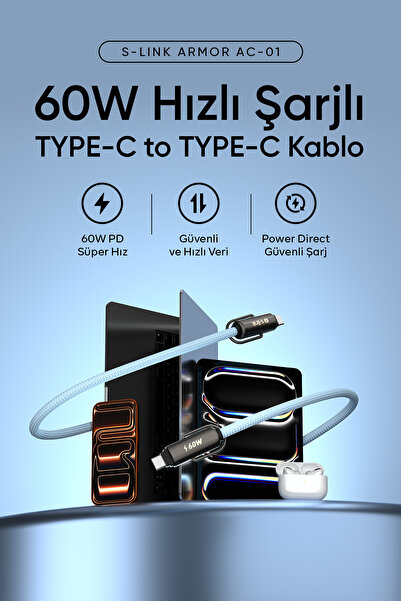 S-LINK Armor Boyun Askılı AC-01 60W 1.2m Type-C to Type-C PD Örgülü Metal Baş...