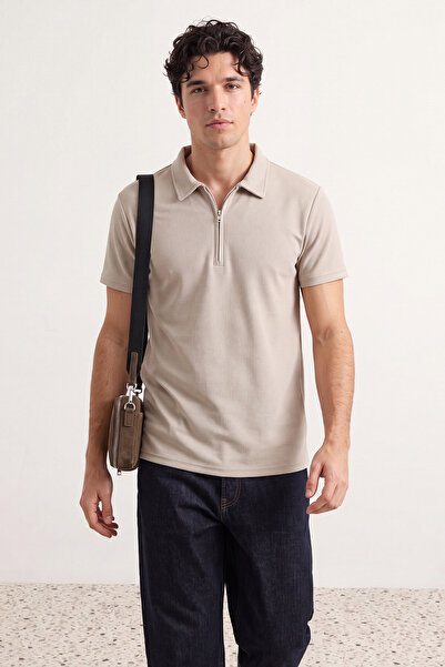 Trendyol Kollektion Premium Stone Regular/Normal Cut Piqué-T-Shirt mit Reißve...