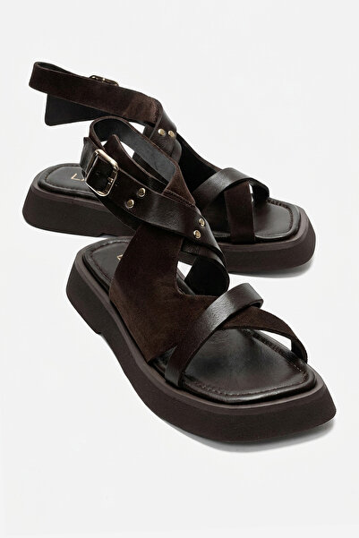 LuviShoes MİNNEA Kahverengi Süet Hakiki Deri Kadın Sandalet